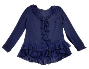 Banana Republic Pleated Ruffle Blouse Women S/M Navy Chiffon Romantic Career - Picture 1 of 16