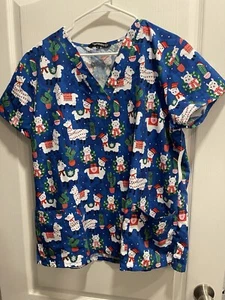 Tie Back Llama Christmas Holiday Srubs Scrub Top shirt short sleeve v-neck L - Picture 1 of 7