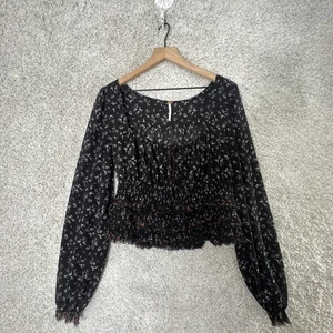Free People Damen schwarz Blumen gesmokt bedruckt Lolita Bluse Top Größe L - Bild 1 von 11