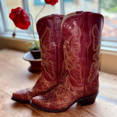 Botas de Vaquero Ferrini de Cuero Rojo y Dorado Puntera Cortada Occidental para Mujer Talla 7 B - Usadas en Excelente Condición Foto 1 de 4