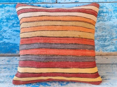 Travesseiro Kilim de lã listrado vintage turco tecido à mão década de 1950 16"x16"-40cmx40cm - Imagem 1 de 4