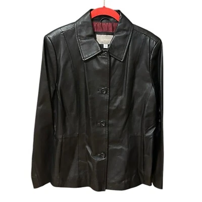 Women’s Leather Black Button Up Blazer Jacket Medium Croft & Barrow Pockets EUC - Image 1 of 4