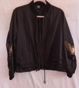 Sleek Black Jacket NU Denmark Gold Eagle Sequin Sleeves Size Medium Lightweight - Picture 1 of 11