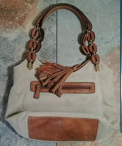 Clarks Leather canvas golden thread inlay weave Handbag zipper snap purse bag - Picture 1 of 8