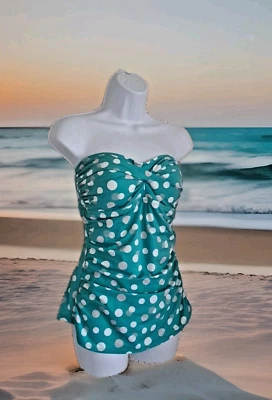 Jantzen 1 pieza. Traje de baño 14 turquesa lunares sin tirantes lazo trasero playa junto a la piscina Foto 1 de 4