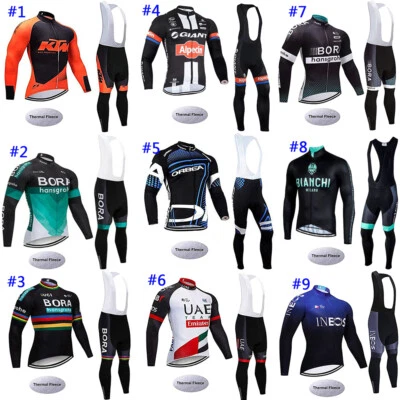 Winter Mens Cycling Jersey Long Sleeve Set Thermal Bike Shirt bib Trousers Suit - Image 1 of 4