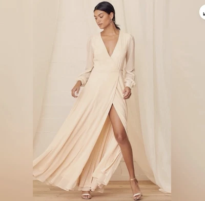 Maxi Vestido Para Mujer Lulus Pequeño My Whole Heart Crema Manga Larga Envolvente DEFECTUOSO Foto 1 de 4