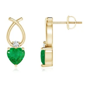 ANGARA 0.83 Ct Heart Shaped Emerald Ribbon Earrings with Diamond in 14K Gold - Picture 1 of 25