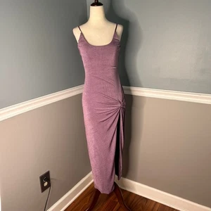 JLUXLABEL Mauve Purple Ruched Side Knot Slit Bodycon Maxi Dress Size L NWT - Afbeelding 1 van 12