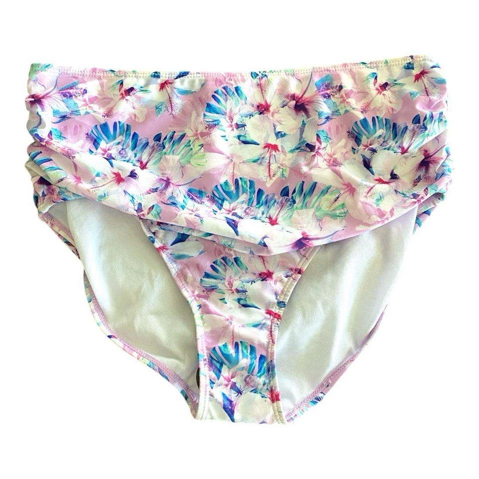 🆕 Nicole Miller High Waisted Floral Bikini Bottom in Pinkish Purple & Blue Sz L - Image 1 of 4