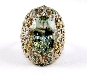 Natural Oval Green Amethyst & Diamond Solitaire Ring 925 Sterling Silver 18.05Ct - Picture 1 of 7