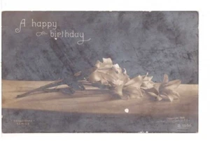 Feliz cumpleaños, lirios cortados, postal antigua de 1906 Rotograph Co., foto real - Imagen 1 de 2
