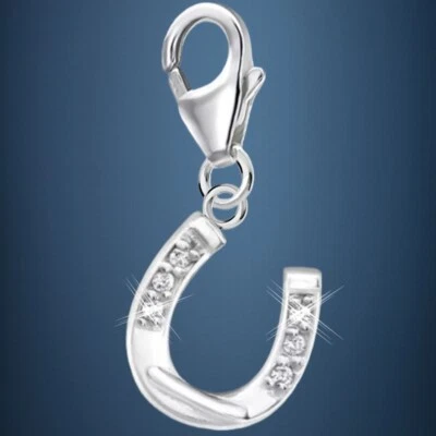 Hufeisen Karabiner Charm 925 Sterling Silber Zirkonia Anhänger für Armband - Bild 1 von 3