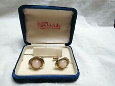 Vintage Shields Cufflinks Gold Plated Faux Opal Glass Stones Boxed Velvet