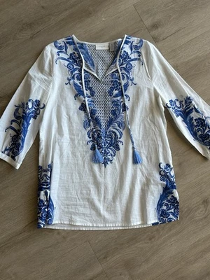 Blusa túnica boho playera azul y blanca de Chico's talla 1 nueva sin etiquetas Foto 1 de 4