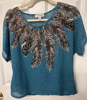 DRESS BARN Women’s Shirt Turquoise Size Petite Large Sparkly Sequins Leaves EUC - Image 1 of 4