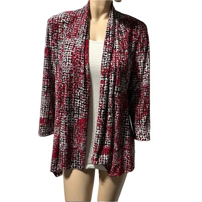 Kasper RED BLACK WHITE Liquid Knit Open Front Jacket Topper Size M Cardigan - Image 1 of 4