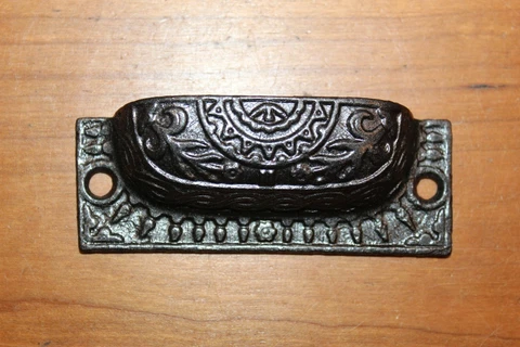 Antique Victorian Cast Iron Detailed Bin Apothecary Cupboard Drawer Pull L-37 Cover