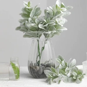 2 Frosted Green 24-Inch Artificial Flocked Lambs Ear LEAVES SPRAYS STEMS Party - Picture 1 of 9