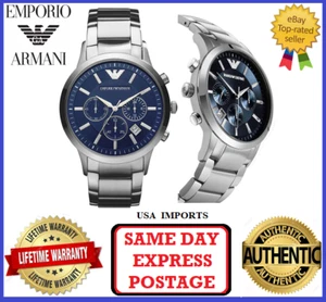 Emporio Armani AR2448 Classic Renato Silver and Blue Mens Chrono Wrist Watch - Picture 1 of 7