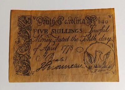 Vintage Reproduction Souvenir South Carolina Five Shilling Note 1778 Parchment - Image 1 of 4