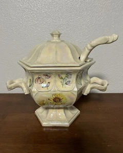 VINTAGE 3 PC PORCELAIN SOUP TUREEN WITH LADLE-FLORAL DESIGN - Picture 1 of 7