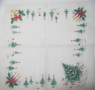 Vintage 1950s Christmas Tree & Dancing Snowman Handkerchief 12” Candles Bells - Image 1 of 4