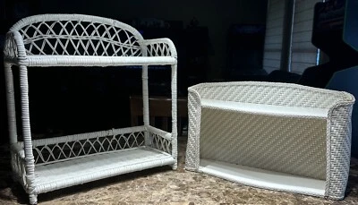 Pair Of Vintage Wicker Hanging Bathroom Wall Shelf Organizer Painted Ivory White - Image 1 of 4