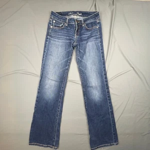 American Eagle Boyfriend Jeans Women 2 Blue Mid Rise Distressed Stretch Y2K - Picture 1 of 9