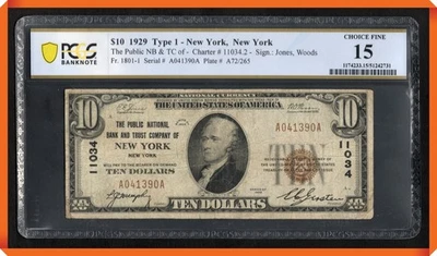 KC- Fr.1801-1 1929 $10 NB of New York , NY #11034 - Choice Fine 15 PCGS Banknote - Image 1 of 3