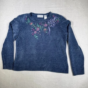 Suéter Pullover Alfred Dunner Petite Azul Chenille Floral Lazo Bordado PL - Imagen 1 de 8