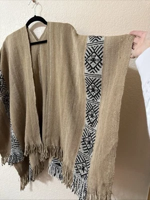 VTG Mayan Calendar Wool Cape Poncho Wrap W/ Fringe Baby Alpaca Wool Hand Woven - Image 1 of 4