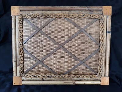 Vintage French Memo Bulletin Board Natural Bamboo & Wicker w/Leather Straps  - Image 1 of 4