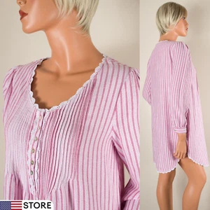 💖 EILEEN WEST Red Pin Striped Flannel Nightgown Long Sleeve Pockets Pintucks XS - Picture 1 of 9