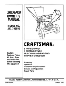 Owner’s Manual Sears Craftsman 5 HP 3-Stage Chipper-Shredder - Model 247.795850 - Picture 1 of 3