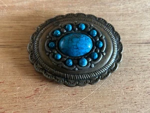 Belt Buckle Faux Turquoise Brass Tone Southwestern Concho Style Western Vtg - Picture 1 of 21