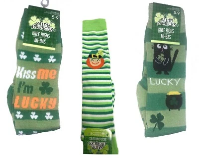 Women’s St. Patrick KNEE SOCKS Novelty-Lucky-Kiss-Cat-Leprechaun-Shamrock-CHOOSE - Image 1 of 4