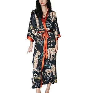 Women Satin Kimono Robe 3/4 Sleeve V Neck Drop Shoulder Luxury Belted Bathrobe - Picture 1 of 97