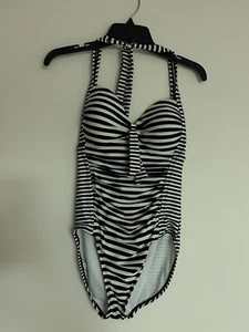 MERONA Women's Black White Stripe Barbie Halter 1 Pc Swimsuit Bathing Suit Sz M - Picture 1 of 7