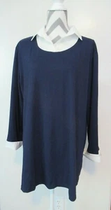  NUEVO SIN ETIQUETAS DANXIANG Mujer 1607 Azul Marino/Blanco Mangas Largas Camisa Top Algodón Talla Grande 1X - Imagen 1 de 6