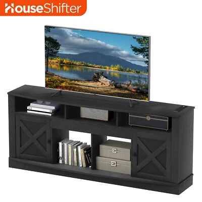 Consola con soporte de TV LED para televisores de 80" con estantes abiertos puertas tomas de corriente gabinete Foto 1 de 4