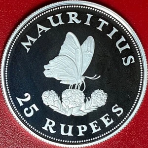 1975 MAURITIUS 25 RUPEES SILVER GEM PROOF BUTTERFLY FLOWERS FLORA FAUNA WILDLIFE - Picture 1 of 8
