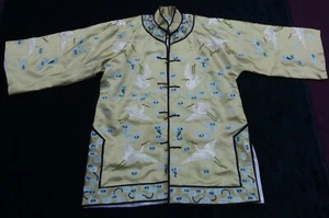 Vintage 60's Chinese hand embroidery 25 cranea w fortune clouds pattern brass bu - Picture 1 of 15