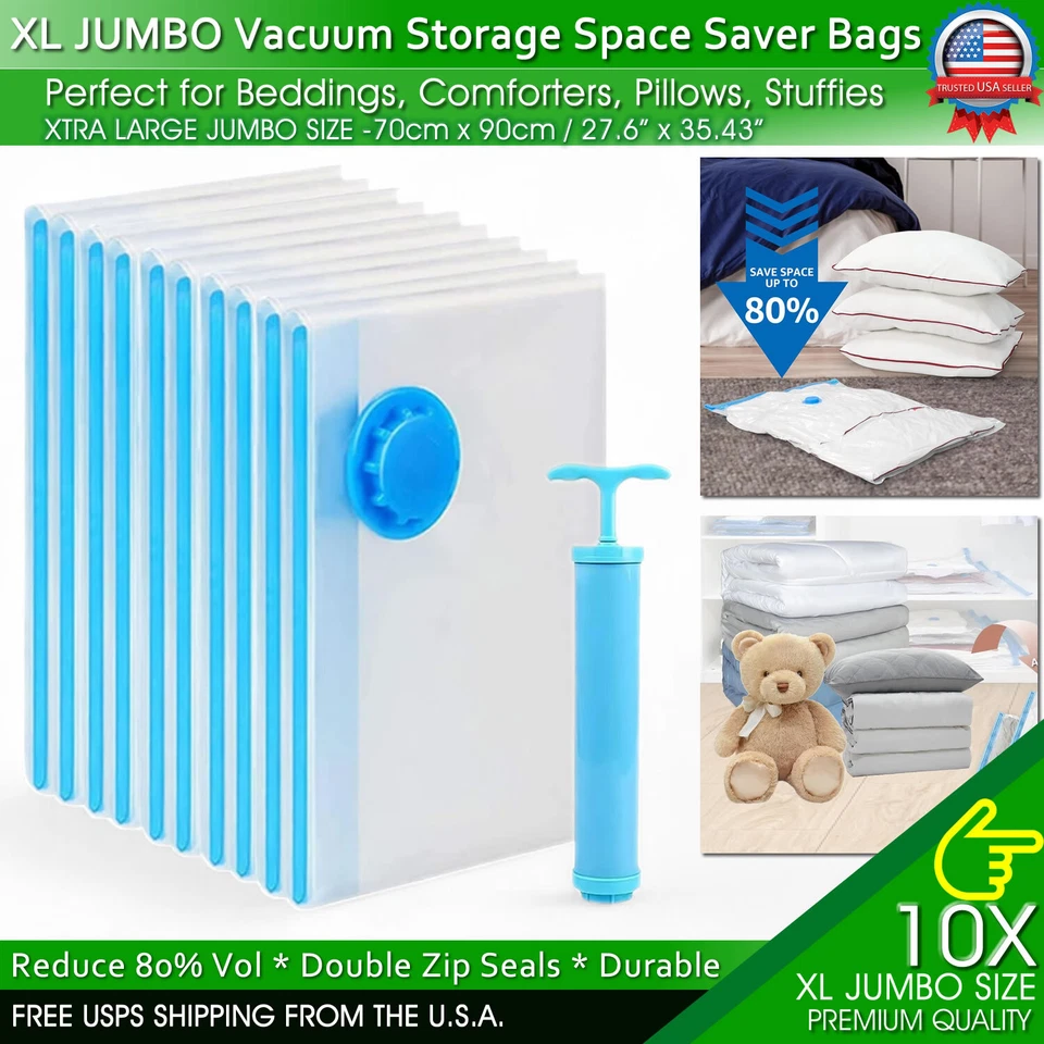 Jumbo Vacuum Storage Bags XL XXL Bedding Clothes Travel Space Saver w/ Hand Pump - Image 1 of 4