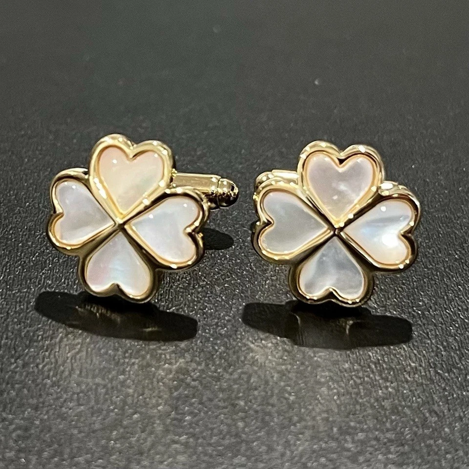 Gold Plated Mother Pearl Clover Cufflinks For Men Birthday Wedding Gift In Box Foto 1 de 1