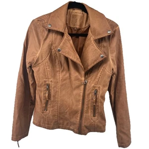 Max Studio Cognac Brown Faux Leather Vegan Cropped Moto Jacket Women Sz S Zip - Picture 1 of 24