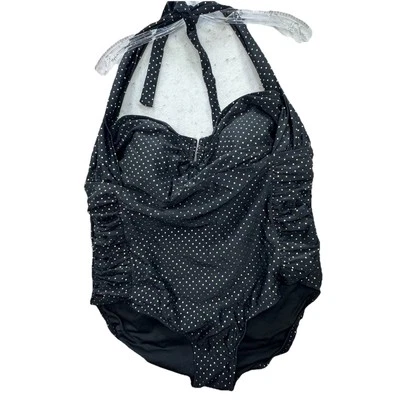 Женщин плюс размер 24W цельный купальник галстук вокруг шеи с бретелью через шею черное золото собранными в Рюш - Изображение 1 из 4