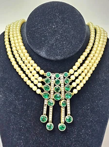 Designer Heidi Daus Pearls & Amp Emerald Crystals Art Deco 4 Strands Choker - Picture 1 of 6