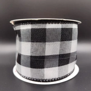 Black White Buffalo Check Plaid Checker Wired Ribbon 2.5" x 20' - Afbeelding 1 van 8