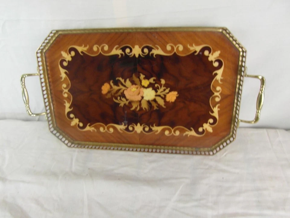 Tablett Servierhilfe Jugendstil Messing Intarsien Arbeit Floral Italien o10b4 - Bild 1 von 4